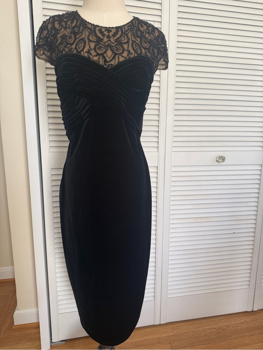 Tadashi Shoji Black Velvet Midi Dress with Beaded Illusion Yoke
